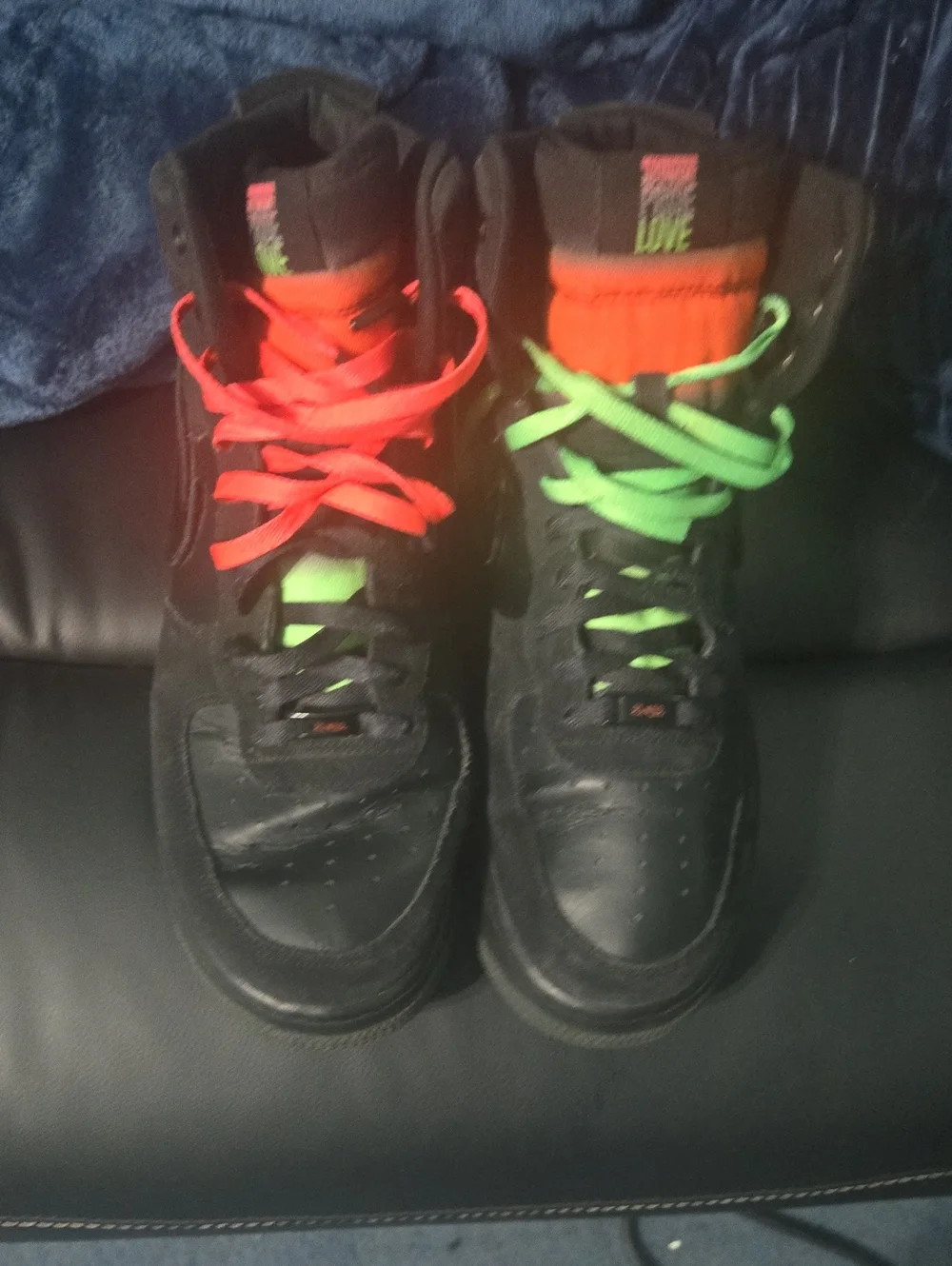 Mens Black High-Top Sneakers with Neon Orange & Neon Green Accents
